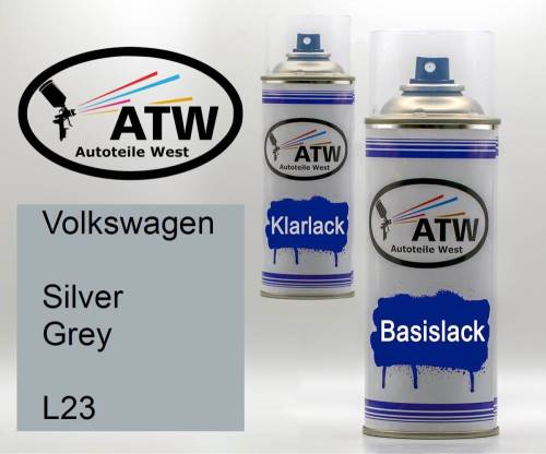 Volkswagen, Silver Grey, L23: 400ml Sprühdose + 400ml Klarlack - Set, von ATW Autoteile West.